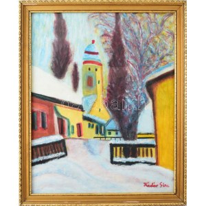 Kádár Géza jelzéssel: Falurészlet. Olaj, karton, üvegezett fakeretben. 50×40 cm.