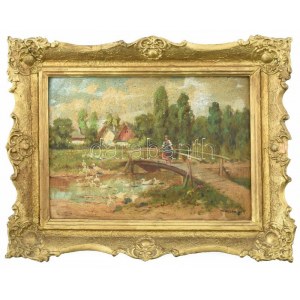 Pataky jelzéssel: Libapásztorlány. Olaj, karton. 25x35 cm. Dekoratív, kissé sérült fakeretben...