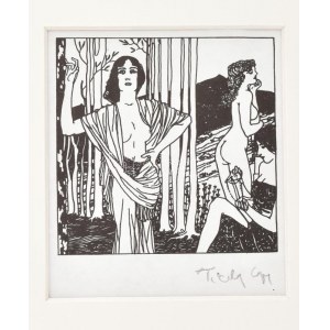 Tichy Gyula (1879-1920): Nő k erdőben, nyomat, paszpartuban, utólagos jelzéssel 14×9 cm