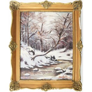 Szabó Gyula jelzéssel: Téli táj. Olaj, vászon. Dekoratív, sérült fakeretben. 48x38 cm