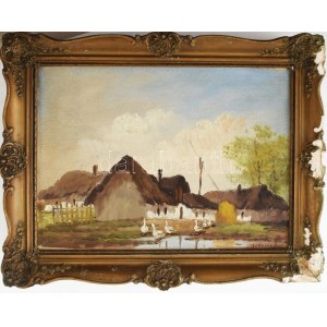 Sárossy B. jelzéssel: Libák. Olaj, karton. Dekoratív, sérült fakeretben. 25x35 cm