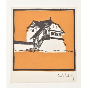 Kós Károly (1883-1977): Ház. Linómetszet, papír, paszpartuban, utólagos jelzéssel, 10×10 cm