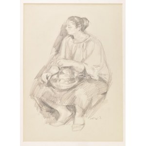 Szőnyi jelzéssel: Nő kosárral, ceruza, papír, jelzett, paszpartuban, 36×25 cm