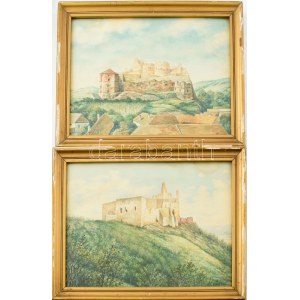 2 db felvidéki vár képe: Vargha Tamás: Fülek, ..., akvarell-papír, jelzett, sérült fakeretben 24x33 cm ...