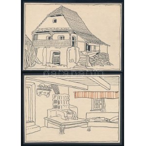 4 db cca 1908 Kós Károly (1883-1977): 4 db enteriör terv, fametszet, papír, jelzés nélkül, kartonra kasírozva, 13x16 cm...