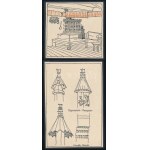 4 db cca 1908 Kós Károly (1883-1977): 4 db enteriör terv, fametszet, papír, jelzés nélkül, kartonra kasírozva, 13x16 cm...