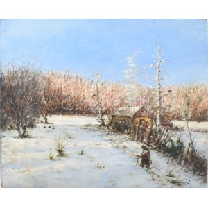 Krizsán J jelzéssel: Séta a hóban. Olaj, farost. 50x60 cm.