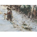 Krizsán J jelzéssel: Séta a hóban. Olaj, farost. 50x60 cm.