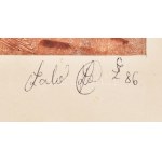 Szabó jelzéssel: Ember a tájban, 1986. Monotípia, papír. Paszpartuban. 19x14,5 cm
