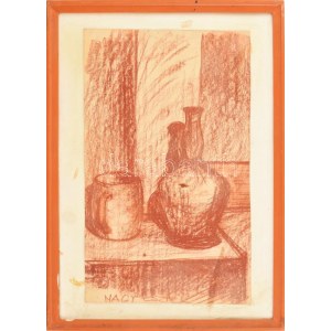 Nagy Eszter jelzéssel: Csendélet. Vöröskréta, papír. Fakeretben, 43×26 cm