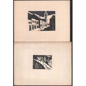 Olvashatatlan jelzéssel, 2 db mű: Szentendrei részletek. Linómetszet, papír, papírra kasírozva. 10x14 és 7x9...