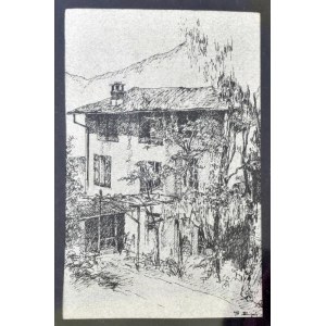 Olvashatatlan jelzéssel: Kert a ház mellett. Tus, papír. Dekoratív, üvegezett fakeretben, 19x11...