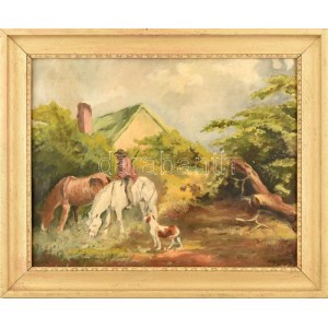 Ács Ágoston jelzéssel: Vadász kutyájával. Olaj, vászon. Dekoratív fakeretben. 47x59 cm