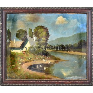 S Bolczer B. Béla (?) jelzéssel, XX. sz. első fele: Libák a vízparton. Olaj, karton. Dekoratív, üvegezett...