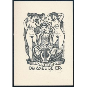Drahos István (1895-1968): Dr. Axel Leier ex libris, fametszet, papír, jelzett, 10×7 cm