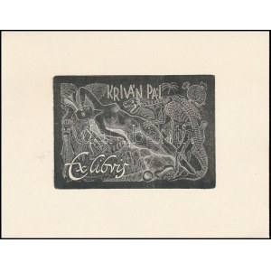 Tempinszky István (1907-1979): Kriván Pál ex libris, fametszet, papír, 6×8 cm