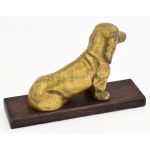 Bronz kutya szobor, fa talapzaton, jelzés nélkül, kopással, 15x10 cm