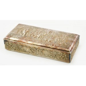 Antik fém ékszeres doboz. Jelzett, falusi mintával díszített, kopással, 17x8x3,5 cm