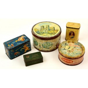 cca 1940 angol és német fém doboz, kopott rozsdás állapotban, összesen 5 db, 12×8-23×23 cm