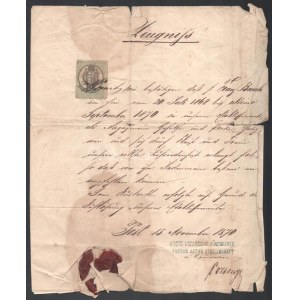 1870 Erste Ungarische Zündwaaren Fabriks Actien Gesellschaft (Első Magyar Gyuszer-gyár Rt.) munkáltató igazolása (1868...
