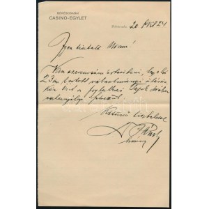 1920 A Békéscsabai Casino-Egylet levele Szmodics László főhadnagynak tagfelvétel tárgyában, fejléces levélpapíron...