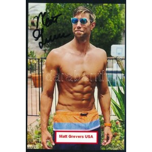 Matt Grevers (1985- ) négyszeres olimpiai bajnok amerikai úszó autográf aláírása őt ábrázoló fotón, 15x10 cm ...