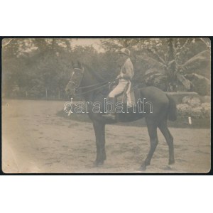 cca 1910-20 Fiú zsoké lovon, fotólap, A. Weiser verseci fényképész hátoldalán pecséttel jelzett felvétele...