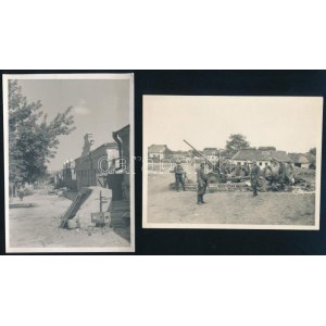1941 Pervomajszk, katonák a település előtt, és a szétlőtt város, 2 db fotó, 11,5×8,5 cm
