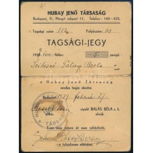 1939 Hubay Jenő Társaság tagsági jegy Seiberné Patay Berta zongoraművésznő, zenetanárnő nevére kiállítva. Kissé foltos...