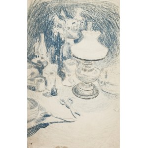 Stanisław Kamocki (1875-1944), Martwa natura z lampą naftową, nożyczkami i naczyniami stołowymi, [ok. 1895]