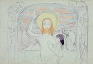 Włodzimierz Tetmajer (1861 – 1923), Chrystus Zmartwychwstały – szkic projektu obrazu ołtarzowego (?) z ozdobną ramą, 1900