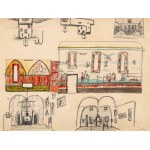 Jerzy Nowosielski (1923-2011), Náčrt polychrómie (krížovej cesty) v kostole Povýšenia svätého kríža v Zbylitowskej Góre a iné architektonické skice, asi 1956