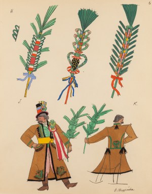 Zofia Stryjeńska (1891 Kraków - 1976 Genewa), Ślubny strój krakowski plansza VI z teki 'Polish Peasants' Costumes, 1939