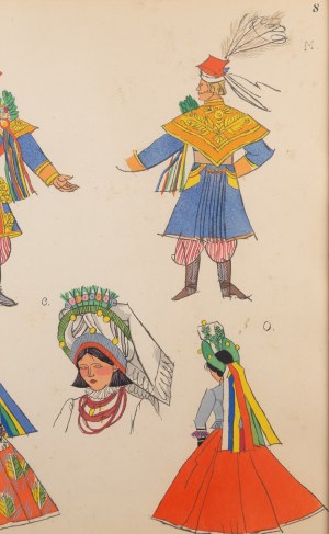 Zofia Stryjeńska (1891 Kraków - 1976 Genewa), Krakowianin i Krakowianka - stroje weselne, plansza VIII z teki 'Polish Peasants' Costumes, 1939