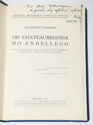 [Dédicace de l'auteur] FOLKIERSKI Władysław - De Chateaubriand à Anhelli. Cracovie 1934.