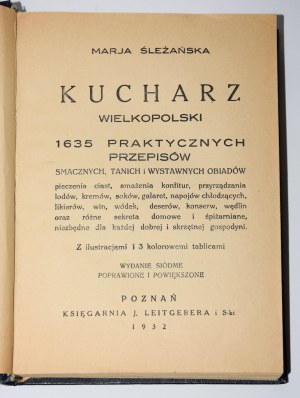ŚLEŻAŃSKA Marja - Kucharz Wielkopolski...Poznań 1932.