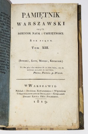 [MICKIEWICZ Adam první tisk!] Pamiętnik Warszawski czyli Dziennik Nauk i Umiejętności. 1819. Rok pátý. Svazek XIII. Z. 1 (leden). Varšava 1819.