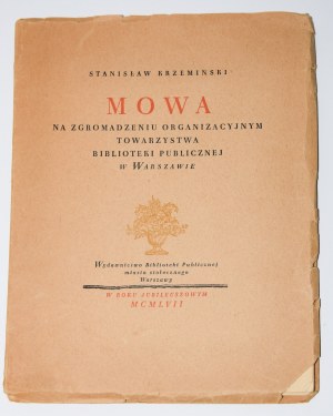 KRZEMIŃSKI Stanisław - Discours à l'assemblée d'organisation de la Société des bibliothèques publiques à Varsovie.