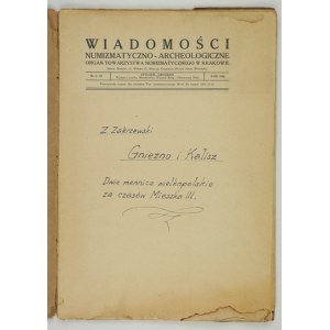 ZAKRZEWSKI Z[ygmunt] - Gniezno a Kalisz, dvě velkopolské mincovny za czasów Mieszka III. Kraków 1926. druk....