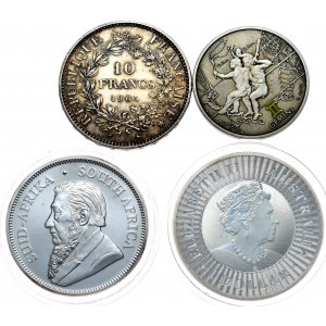 4er-Set - Krügerrand 2018, Känguru 2020 (2x 1 oz Ag 999), 10 Franken 1965 Herkules, numismatische Zwillinge