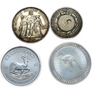 Zestaw 4 szt- Krugerrand 2018, Kangur 2020 (2x 1 oz Ag 999), 10 franków 1965 Herkules, numizmat Bliźnięta