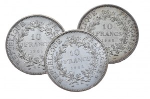 Francie, 10 franků Herkules 1965, sada 3 kusů.