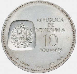 Venezuela, 10 Bolivars, 1973.