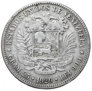 Venezuela, 5 Bolivars, 1929.