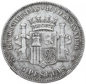 Španielsko, 5 pesiet, 1870.