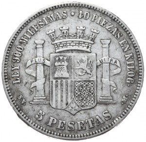 Spanien, 5 Pesetas, 1870.