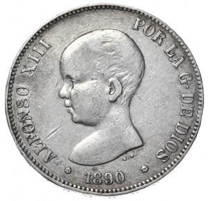 Spain, 5 Pesetas, 1890.