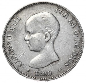 Espagne, 5 pesetas, 1890.