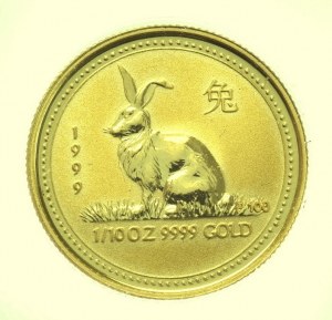 Austrália, Lunar I, Rabbit, 1/10 oz Au, 1999.