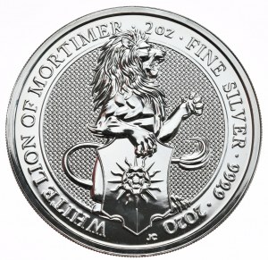 Wielka Brytania, 5 Funtów, 2020r., 2oz., Biały Lew Mortimerów